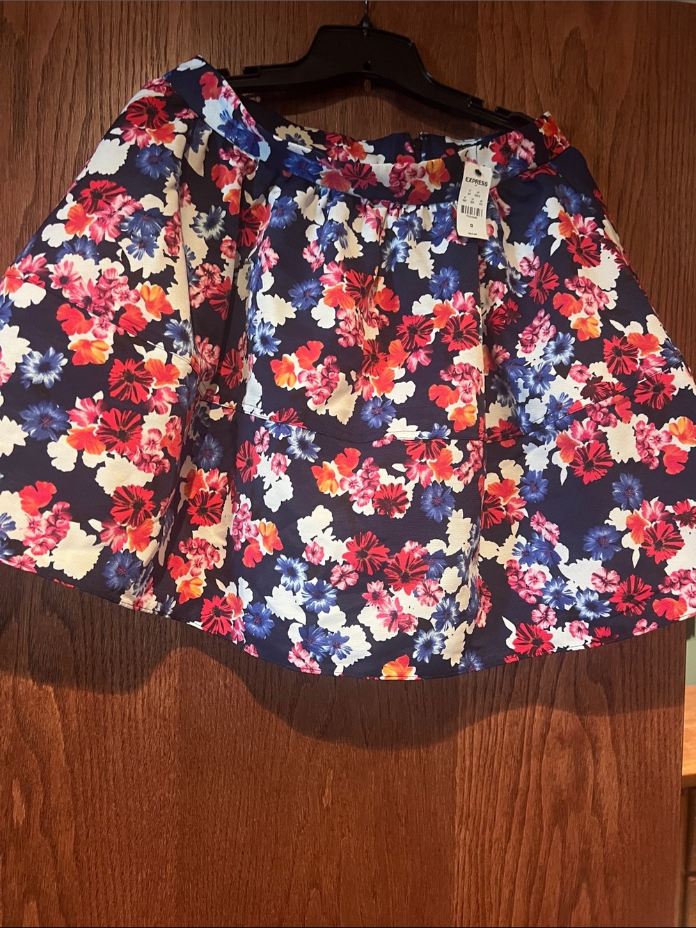 Express Navy Floral A-Line Skirt with Pink, Red and Blue Blooms